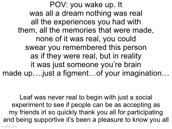 POV: you wake up. It was all a dream nothing was real all the experiences you had with them, all the memories that were made, none of it was real, you could swear you remembered this person as if they were real, but in reality it was just someone you’re brain made up….just a figment…of your imagination…; Leaf was never real to begin with just a social experiment to see if people can be as accepting as my friends irl so quickly thank you all for participating and being supportive it’s been a pleasure to know you all | made w/ Imgflip meme maker