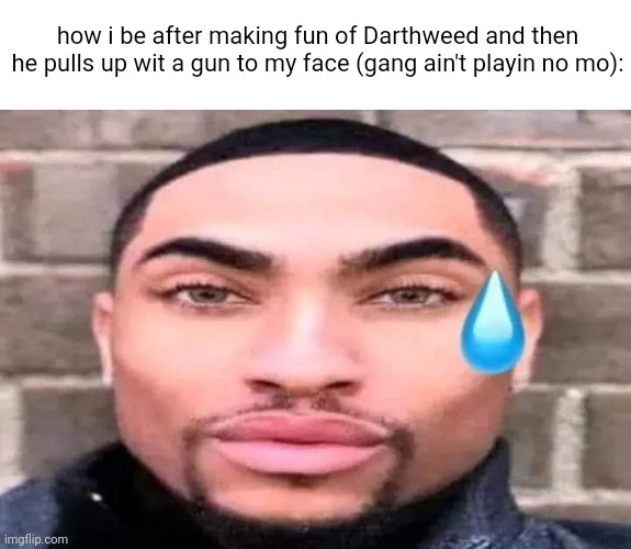 how i be after making fun of Darthweed and then he pulls up wit a gun to my face (gang ain't playin no mo): | made w/ Imgflip meme maker