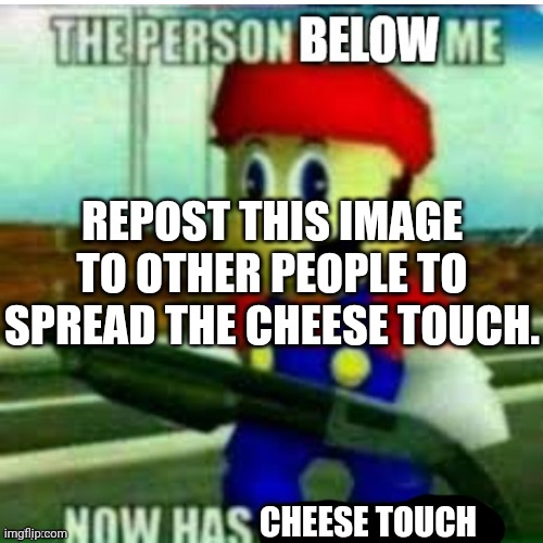 Cheese touch is a dead meme, but y'know | REPOST THIS IMAGE TO OTHER PEOPLE TO SPREAD THE CHEESE TOUCH. CHEESE TOUCH | image tagged in the person below me,memes,cheese touch,msmg | made w/ Imgflip meme maker