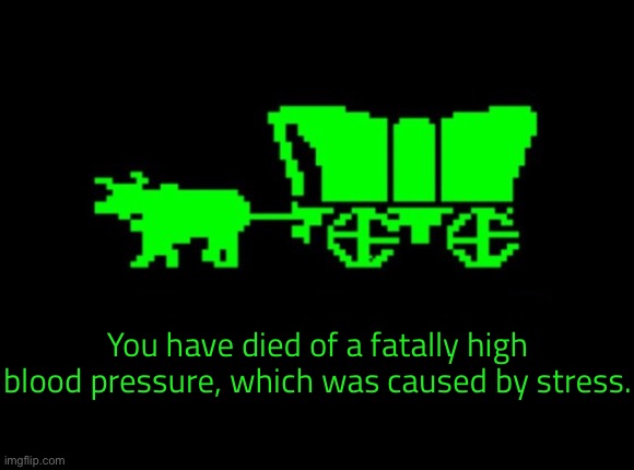 Oregon trail | You have died of a fatally high blood pressure, which was caused by stress. | image tagged in oregon trail | made w/ Imgflip meme maker