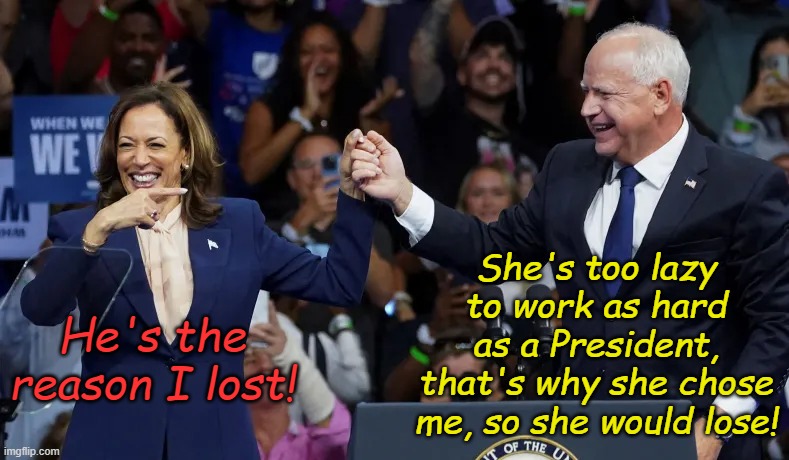 Joy | She's too lazy to work as hard as a President, that's why she chose me, so she would lose! He's the reason I lost! | image tagged in kamala harris with tim walz | made w/ Imgflip meme maker