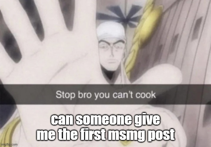 Stop bro you can't cook | can someone give me the first msmg post | image tagged in stop bro you can't cook | made w/ Imgflip meme maker