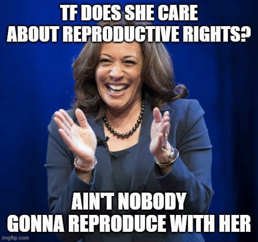 Kamama | TF DOES SHE CARE ABOUT REPRODUCTIVE RIGHTS? AIN'T NOBODY GONNA REPRODUCE WITH HER | image tagged in kamala harris laughing | made w/ Imgflip meme maker