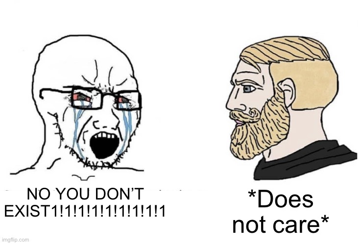 Soyboy Vs Yes Chad | NO YOU DON’T EXIST1!1!1!1!1!1!1!1!1; *Does not care* | image tagged in soyboy vs yes chad | made w/ Imgflip meme maker
