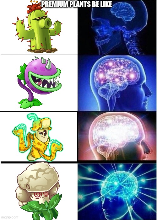 Pvz Premium Plants Be Like | PREMIUM PLANTS BE LIKE | image tagged in memes,expanding brain | made w/ Imgflip meme maker