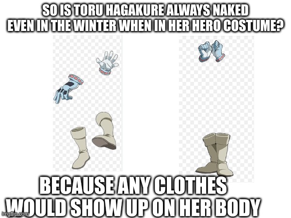 SO IS TORU HAGAKURE ALWAYS NAKED EVEN IN THE WINTER WHEN IN HER HERO COSTUME? BECAUSE ANY CLOTHES WOULD SHOW UP ON HER BODY | made w/ Imgflip meme maker