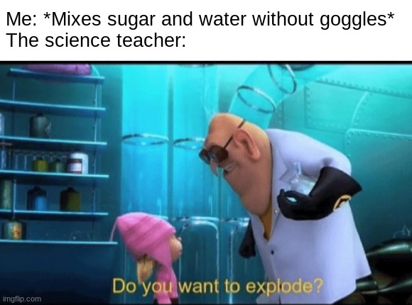 She thinks the whole damn classroom gonna blow up. | Me: *Mixes sugar and water without goggles*
The science teacher: | image tagged in do you want to explode,science | made w/ Imgflip meme maker