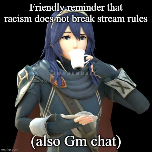 Yet another image of Lucina sipping tea | Friendly reminder that racism does not break stream rules; (also Gm chat) | image tagged in yet another image of lucina sipping tea | made w/ Imgflip meme maker