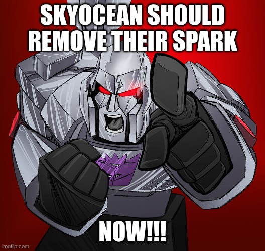 megatron yelling | SKYOCEAN SHOULD REMOVE THEIR SPARK; NOW!!! | image tagged in megatron yelling | made w/ Imgflip meme maker