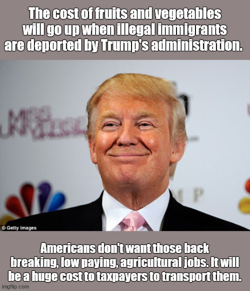 Donald trump approves | The cost of fruits and vegetables will go up when illegal immigrants are deported by Trump's administration. Americans don't want those back breaking, low paying, agricultural jobs. It will be a huge cost to taxpayers to transport them. | image tagged in donald trump approves | made w/ Imgflip meme maker