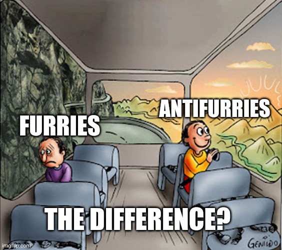 The difference???? | ANTIFURRIES; FURRIES; THE DIFFERENCE? | image tagged in two guys on a bus | made w/ Imgflip meme maker