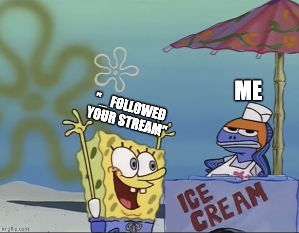 spongebib annoys vendor | ME; "_ FOLLOWED YOUR STREAM" | image tagged in spongebib annoys vendor | made w/ Imgflip meme maker