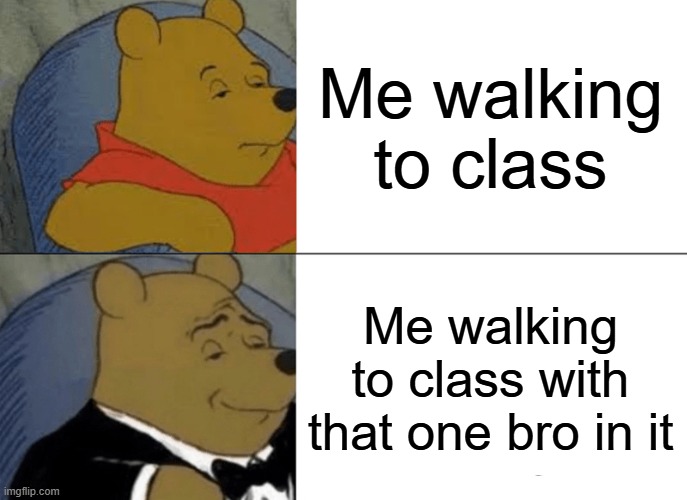 You know we finna get in trouble | Me walking to class; Me walking to class with that one bro in it | image tagged in memes,tuxedo winnie the pooh | made w/ Imgflip meme maker