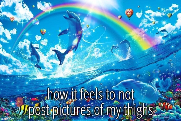dolphin jumping with rainbow | how it feels to not post pictures of my thighs | image tagged in dolphin jumping with rainbow | made w/ Imgflip meme maker