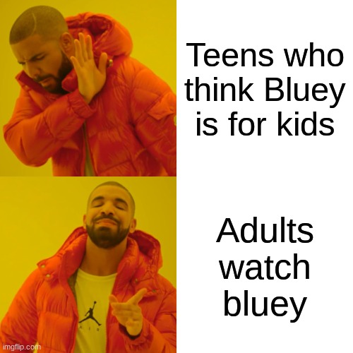 Adults still watch bluey | Teens who think Bluey is for kids; Adults watch bluey | image tagged in memes,drake hotline bling | made w/ Imgflip meme maker