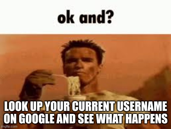 ok and? | LOOK UP YOUR CURRENT USERNAME ON GOOGLE AND SEE WHAT HAPPENS | image tagged in ok and | made w/ Imgflip meme maker