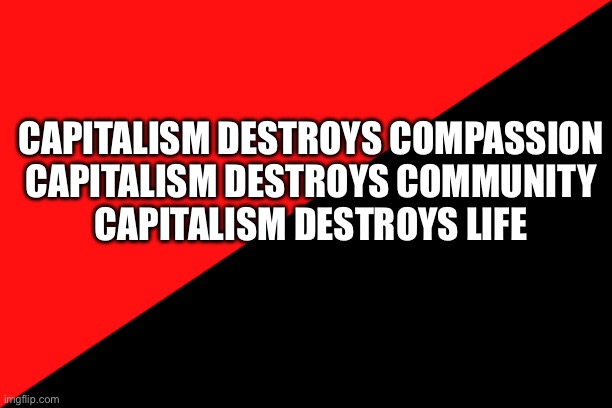 All I need to say | CAPITALISM DESTROYS COMPASSION
CAPITALISM DESTROYS COMMUNITY
CAPITALISM DESTROYS LIFE | image tagged in ancom flag,capitalism,capitalism kills | made w/ Imgflip meme maker