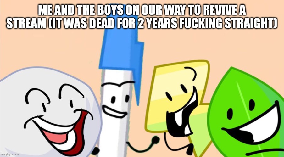 Me and the boys bfdi version | ME AND THE BOYS ON OUR WAY TO REVIVE A STREAM (IT WAS DEAD FOR 2 YEARS FUCKING STRAIGHT) | image tagged in me and the boys bfdi version | made w/ Imgflip meme maker