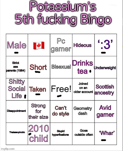 bet, then imma make me one too | image tagged in potassium s fifth fucking bingo | made w/ Imgflip meme maker