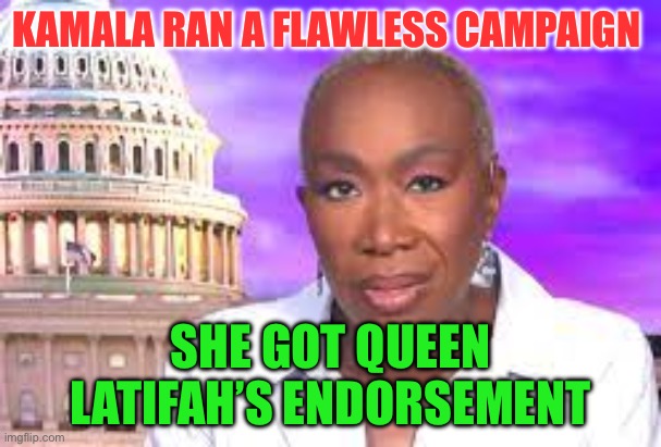 Joy Reid Show | KAMALA RAN A FLAWLESS CAMPAIGN; SHE GOT QUEEN LATIFAH’S ENDORSEMENT | image tagged in joy reid show | made w/ Imgflip meme maker