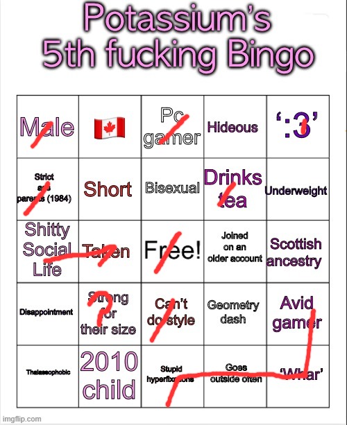 Potassium’s fifth fucking bingo | image tagged in potassium s fifth fucking bingo | made w/ Imgflip meme maker