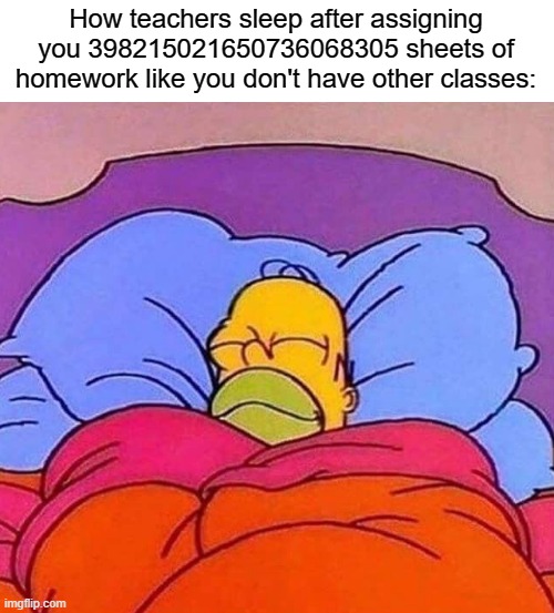 I hate homework | How teachers sleep after assigning you 398215021650736068305 sheets of homework like you don't have other classes: | image tagged in relatable,school,memes,funny | made w/ Imgflip meme maker