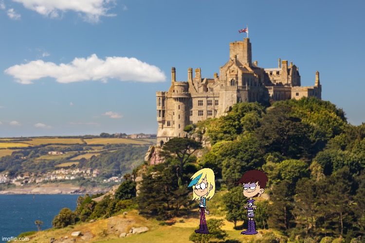 Luna and San in Cornwall | image tagged in the loud house,nickelodeon,british,england,castle,mountain | made w/ Imgflip meme maker