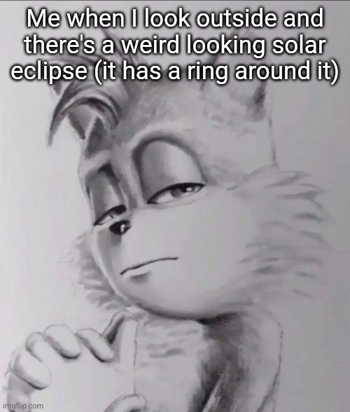 tails | Me when I look outside and there's a weird looking solar eclipse (it has a ring around it) | image tagged in tails | made w/ Imgflip meme maker