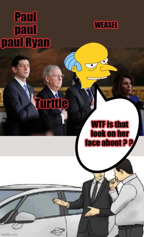 Paul paul paul Ryan; WEASEL; Turttle; WTF is that look on her face about ? ? | image tagged in memes,car salesman slaps roof of car | made w/ Imgflip meme maker