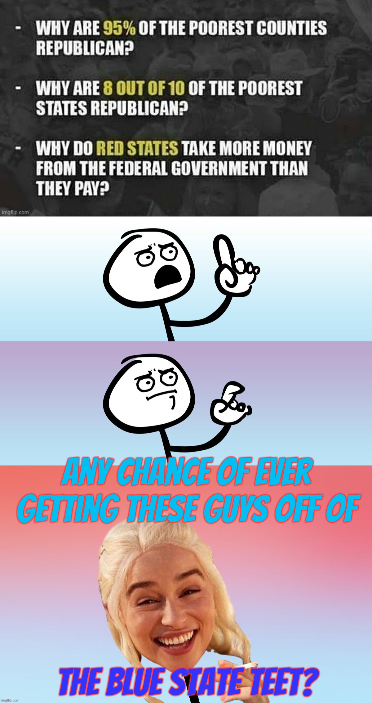 There's a reason why Republican/Red/Welfare/Tumbleweed/Flyover States & counties are so sparsely populated,,, | Any chance of ever getting these guys off of; The Blue State teet? | image tagged in um wait on second thought,red states are welfare states,republican leeches,sucking on the federal teet,pay your own bills | made w/ Imgflip meme maker