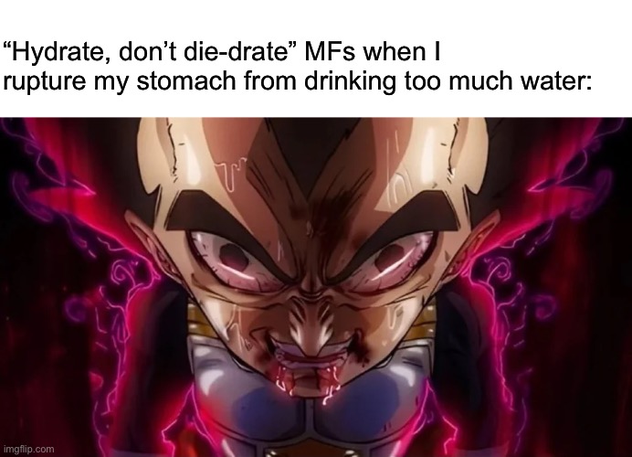 “Hydrate, don’t die-drate” MFs when I rupture my stomach from drinking too much water: | image tagged in blank white template,vegeta drool | made w/ Imgflip meme maker