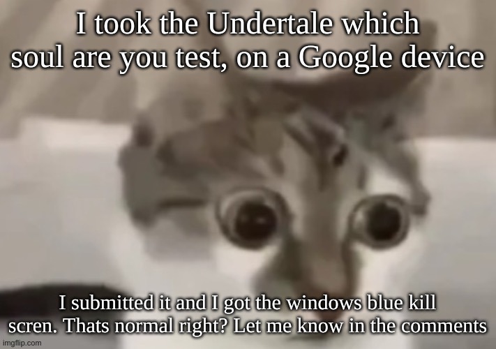 Oh no | I took the Undertale which soul are you test, on a Google device; I submitted it and I got the windows blue kill scren. Thats normal right? Let me know in the comments | image tagged in bombastic side eye cat | made w/ Imgflip meme maker