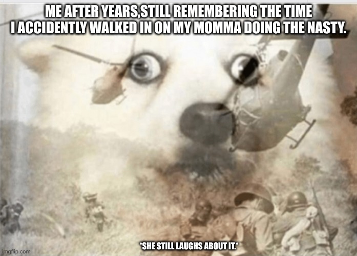 Childhood Trauma. | ME AFTER YEARS,STILL REMEMBERING THE TIME I ACCIDENTLY WALKED IN ON MY MOMMA DOING THE NASTY. *SHE STILL LAUGHS ABOUT IT.* | image tagged in ptsd dog | made w/ Imgflip meme maker