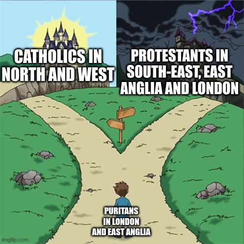 HISTORY GCSE - Distribution of religious groups in Elizabethan England | PROTESTANTS IN SOUTH-EAST, EAST ANGLIA AND LONDON; CATHOLICS IN NORTH AND WEST; PURITANS IN LONDON AND EAST ANGLIA | image tagged in two paths,history | made w/ Imgflip meme maker