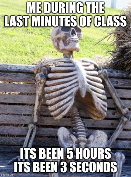 Drizzy Pls comment | ME DURING THE LAST MINUTES OF CLASS; ITS BEEN 5 HOURS
ITS BEEN 3 SECONDS | image tagged in memes,waiting skeleton | made w/ Imgflip meme maker