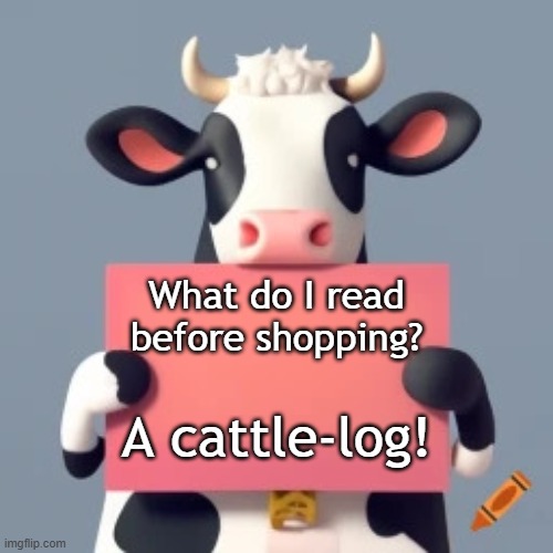 Cattle-log | A cattle-log! What do I read before shopping? | image tagged in cow with sign | made w/ Imgflip meme maker