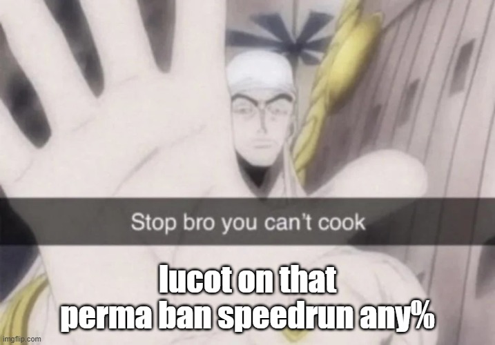 Stop bro you can't cook | lucot on that perma ban speedrun any% | image tagged in stop bro you can't cook | made w/ Imgflip meme maker