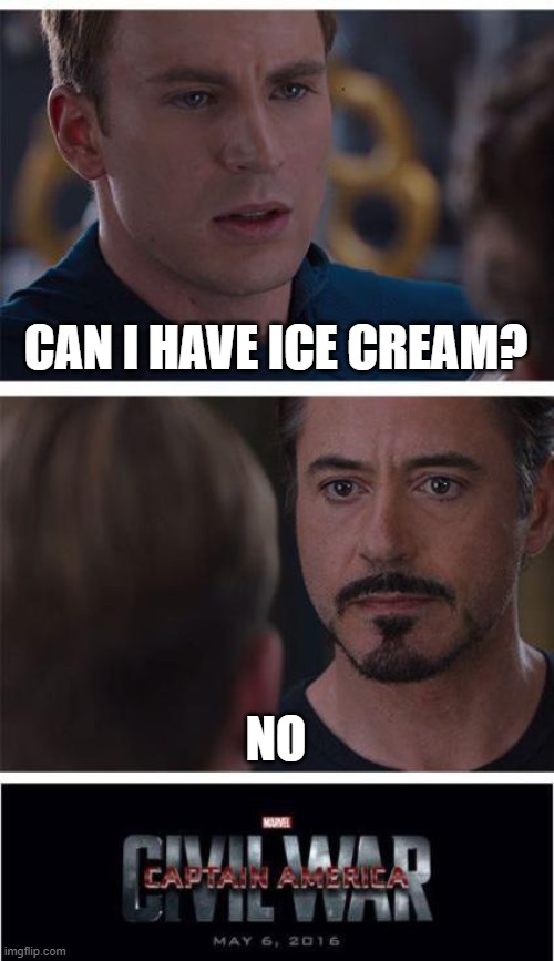 pardon? | CAN I HAVE ICE CREAM? NO | image tagged in memes,marvel civil war 1,ice cream | made w/ Imgflip meme maker