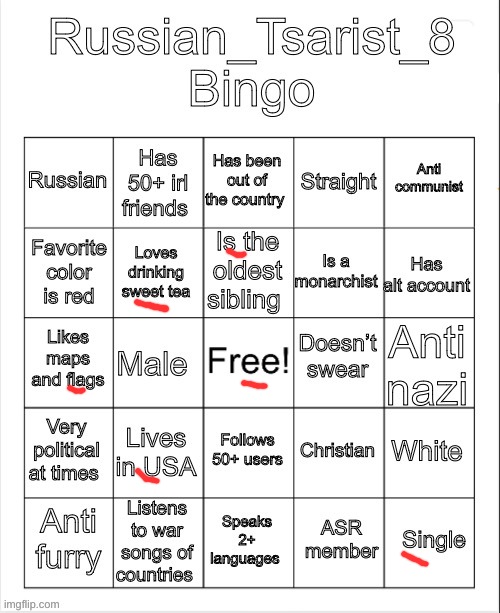 Russian_Tsarist_8 Bingo | image tagged in russian_tsarist_8 bingo | made w/ Imgflip meme maker