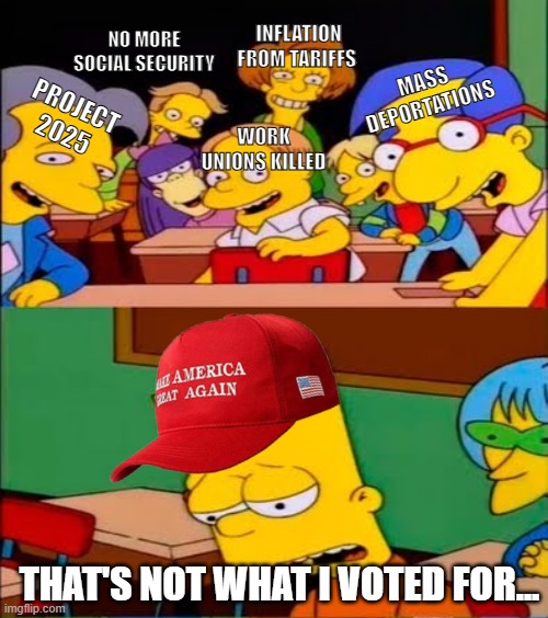 Lots of this next 4 years... | NO MORE SOCIAL SECURITY; INFLATION FROM TARIFFS; MASS DEPORTATIONS; PROJECT 2025; WORK UNIONS KILLED; THAT'S NOT WHAT I VOTED FOR... | image tagged in maga,consequences,trump,hows your 401k | made w/ Imgflip meme maker