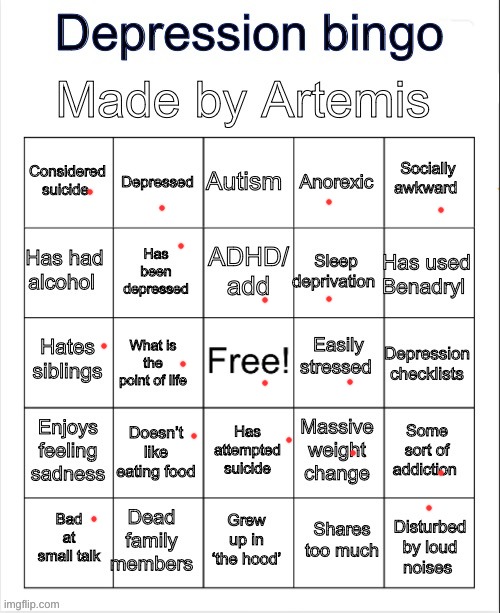 Depression bingo | image tagged in depression bingo | made w/ Imgflip meme maker