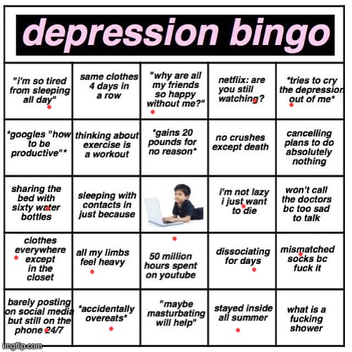 Depression bingo | image tagged in depression bingo | made w/ Imgflip meme maker