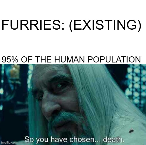 hate zoophiles, not furries | FURRIES: (EXISTING); 95% OF THE HUMAN POPULATION | image tagged in blank white template,so you have chosen death,stop,furry,hate | made w/ Imgflip meme maker