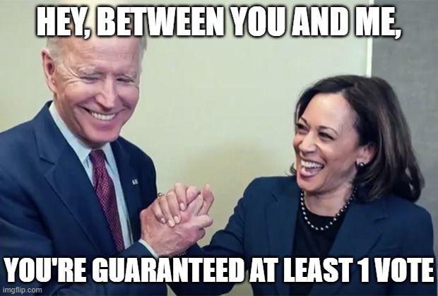 Biden Kamala laughing | HEY, BETWEEN YOU AND ME, YOU'RE GUARANTEED AT LEAST 1 VOTE | image tagged in biden kamala laughing | made w/ Imgflip meme maker