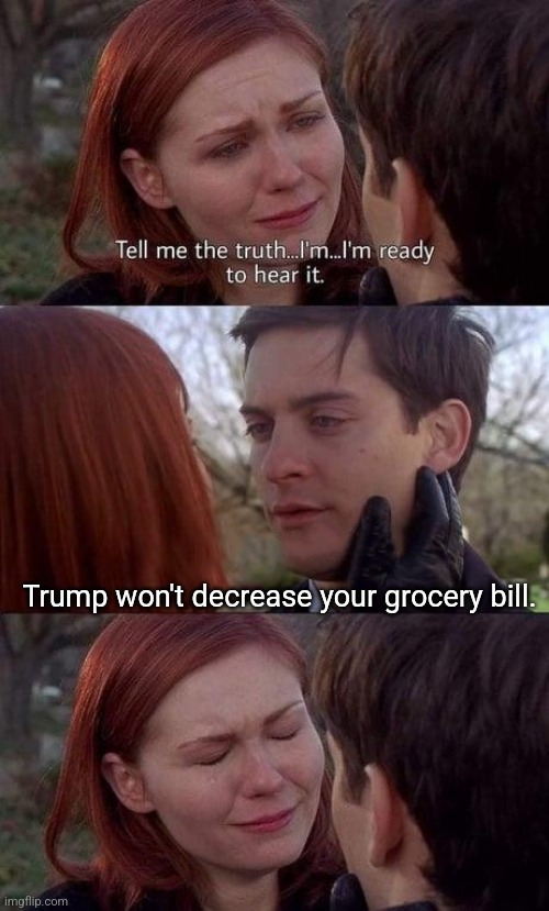 Tell me the truth, I'm ready to hear it | Trump won't decrease your grocery bill. | image tagged in tell me the truth i'm ready to hear it | made w/ Imgflip meme maker