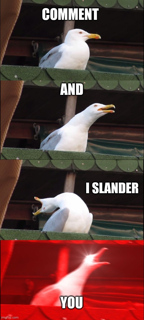 Inhaling Seagull | COMMENT; AND; I SLANDER; YOU | image tagged in memes,inhaling seagull | made w/ Imgflip meme maker