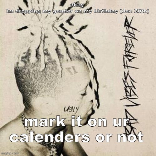 BADVIBESFOREVER | okay 
im dropping my gender on my birthday (dec 20th); mark it on ur calenders or not | image tagged in badvibesforever | made w/ Imgflip meme maker