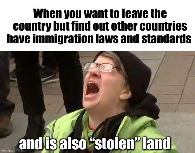 The grass isn’t always greener | When you want to leave the country but find out other countries have immigration laws and standards; and is also “stolen” land | image tagged in crying liberal,politics lol,memes | made w/ Imgflip meme maker