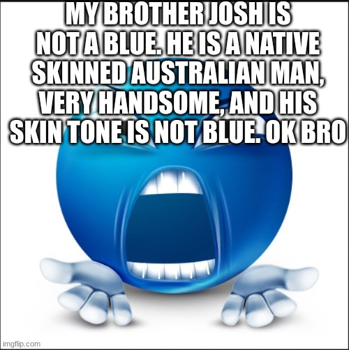 copypasta | MY BROTHER JOSH IS NOT A BLUE. HE IS A NATIVE SKINNED AUSTRALIAN MAN, VERY HANDSOME, AND HIS SKIN TONE IS NOT BLUE. OK BRO | image tagged in angry blue guy | made w/ Imgflip meme maker