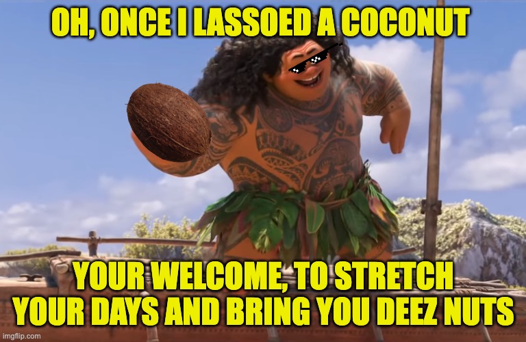 Deez nuts lol | OH, ONCE I LASSOED A COCONUT; YOUR WELCOME, TO STRETCH YOUR DAYS AND BRING YOU DEEZ NUTS | image tagged in you're welcome without subs | made w/ Imgflip meme maker